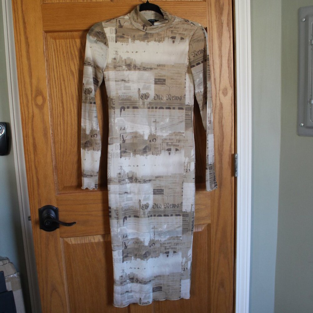 Forever 21 Newspaper Print Brown Long Sleeve Dress - Size Small